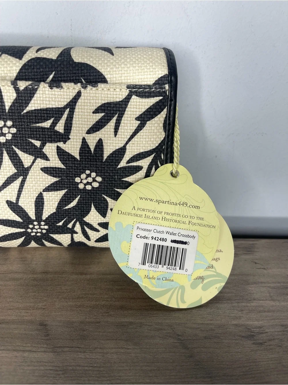 Spartina 449 snap wallet large floral linen leather black new